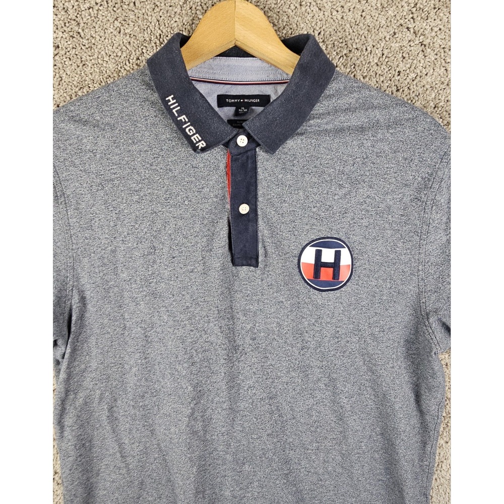 Tommy Hilfiger Polo Shirt Slim Fit Mens XL Raised H‎ Patch Grey Rugby 2 Button